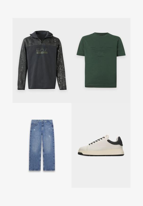 Sort hættetrøje med halvlukning, der har et tekstureret grafisk mønster på ærmerne og et logo-tryk i mørkegrøn farve på brystet.; Mørkegrøn kortærmet t-shirt i bomuld med et påsyet ørnelogo og initialerne "GA" placeret midt på brystet.; Blå jeans med lige ben og let slid, design med fem lommer, knap- og lynlåslukning, vist fladt på en hvid baggrund.; Cremefarvet lav sneakers med sort hældetalje, sorte snørebånd og off-white tykk sål mod en ensfarvet lysegrå baggrund.