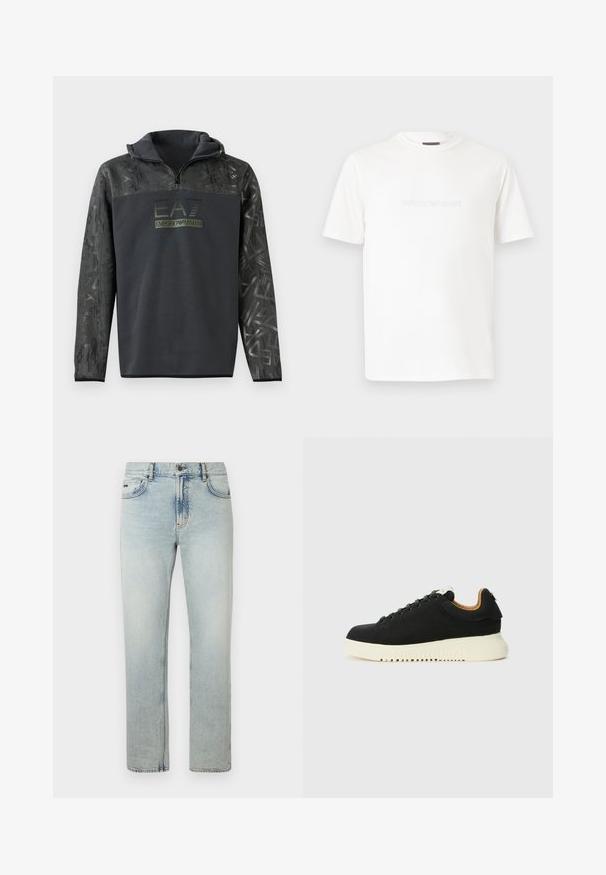 Sudadera negra con capucha y media cremallera, que cuenta con un patrón gráfico texturizado en las mangas y una impresión de logo en verde oscuro en el pecho.; Camiseta blanca de manga corta con cuello redondo y logo sutil en relieve de Emporio Armani centrado en el pecho.; Vaqueros de mezclilla azul claro con diseño de pierna recta, con estilo de cinco bolsillos, cierre de botón y detalles sutiles de desgaste.; Zapatillas de ante negro con una suela blanca gruesa, punta redonda y cordones tonales. Presenta un interior de cuero y un sutil logotipo en la lengüeta.