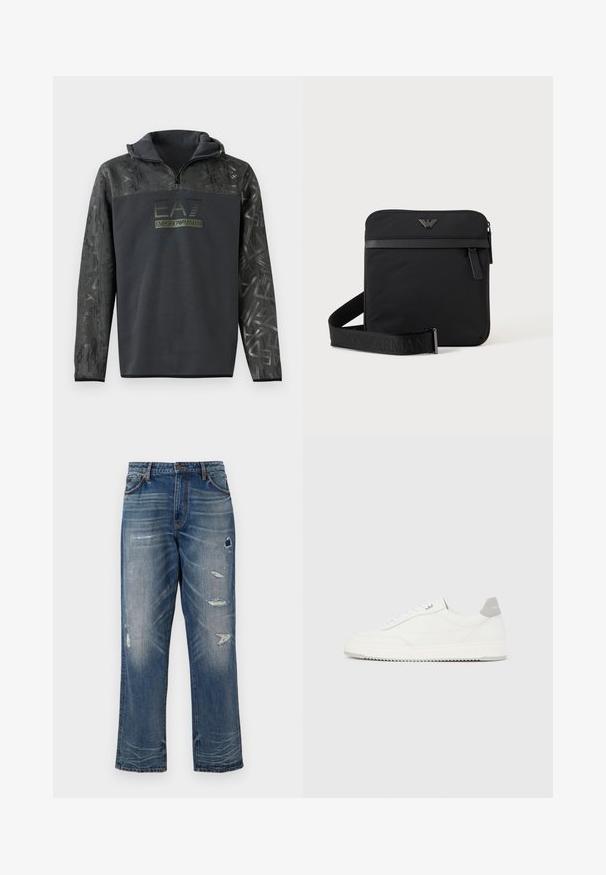 Sort hættetrøje med halvlukning, der har et tekstureret grafisk mønster på ærmerne og et logo-tryk i mørkegrøn farve på brystet.; Blå denim jeans med afslappet pasform, der har slidte lapper og falmede områder. De har standardlommer og synlige syninger som detaljer.; Hvid lavtop-sneaker med gråt hælflig, hvide snørebånd og tekstureret sål, vist på en ensfarvet lys baggrund.; Sort firkantet skuldertaske med lynlås, frontlomme og justerbar rem med præget brandnavn.