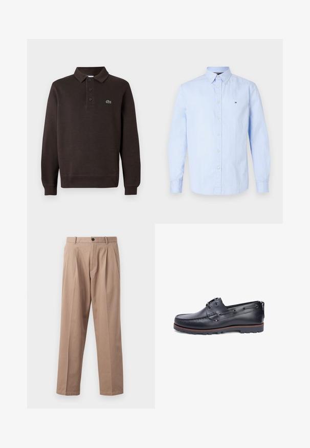 Brun langærmet polo shirt lavet af tekstureret stof, med en tre-knaps placket og et lille Lacoste-logo på brystet.; Lys blå skjorte i blødt bomuldsstof med spread collar, lange ærmer og et lille logo på venstre bryst.; Beige bukser lavet af bomuld, med en lige benlængde, front folder, knaplukning og sidelommer. Glat tekstur.; Sort lædersko i afslappet stil med polstret krave, to-huls snøring, kontrasterende brun sål og prægdet logodetalje på siden.