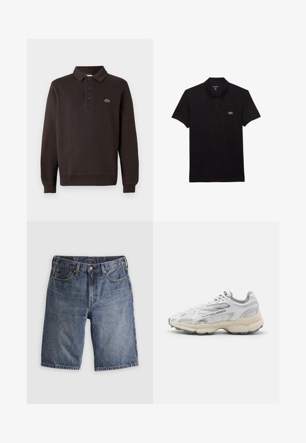 Camisa polo de manga larga marrón hecha de tejido texturizado, con un pletina de tres botones y un pequeño logo de Lacoste en el pecho.; Camisa polo negra de algodón, con collar clásico y mangas cortas. Incluye un pequeño logo de cocodrilo blanco de Lacoste en el pecho.; Pantalones cortos vaqueros azules con bolsillos delanteros, trabillas para cinturón y cierre de botón, tumbados planos sobre un fondo claro.; Zapatillas deportivas blancas con detalles en gris, parte superior de malla y sintético, diseño de cordones, y suela de goma texturizada con patrones de tracción.