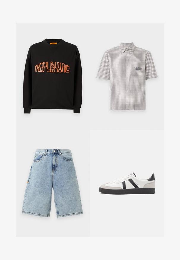 Sort sweatshirt lavet af bomuld med v-hals og lange ærmer. "REPLAYING" er trykt i orange med rundet udgave.; Kortærmet skjorte med krave i et grått og hvitt ternet mønster. Har en brystlomme med en kontrasterende grafisk design.; Blå denim shorts med høj talje, løs pasform, fem lommer og synlige sy-detaljer. Glat tekstur med en lys vaskefinish.; Hvide sneakers med sorte og grå detaljer, med en tekstureret grå tåhætte, sort gummisål og flade hvide snørebånd. Rent design, minimalistisk stil.