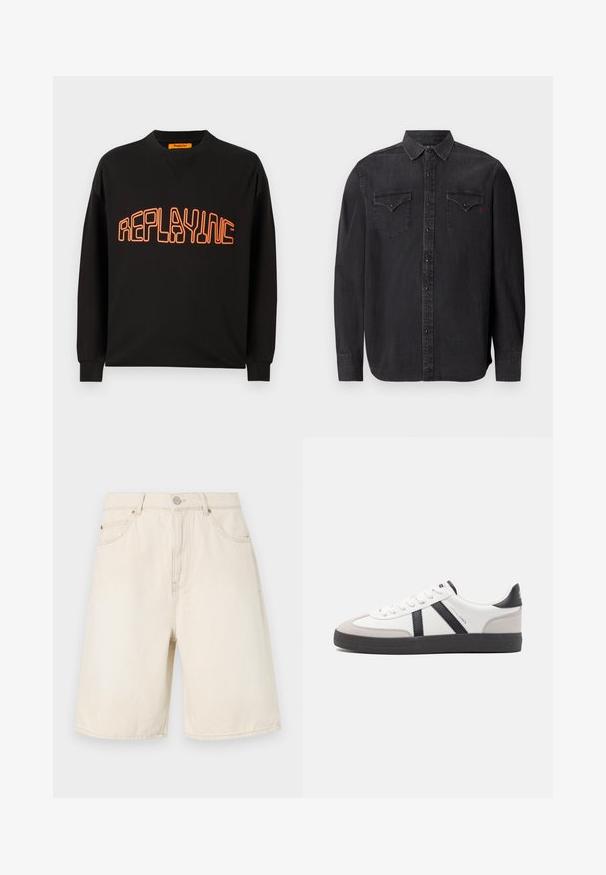 Schwarzer Sweatshirt aus Baumwolle mit V-Ausschnitt und langen Ärmeln. "REPLAYING" ist in Orange aufgedruckt, umrissen in einer abgerundeten Schriftart.; Langärmliges schwarzes Jeanshemd mit klassischem Kragen, Druckknopfverschlüssen, zwei Brusttaschen und einem dezenten roten Logodetail.; Beige Denim-Shorts mit hoher Taille, ausgestattet mit einem Knopf- und Reißverschluss, Taschen vorne und Nähdetails am Saum.; Weiße Sneaker mit schwarz- und grau-aczenten, ausgestattet mit einer strukturierten grauen Zehenkappe, schwarzer Gummi-Sohle und flachen weißen Schnürsenkeln. Sauberes Design, minimalistische Stil.