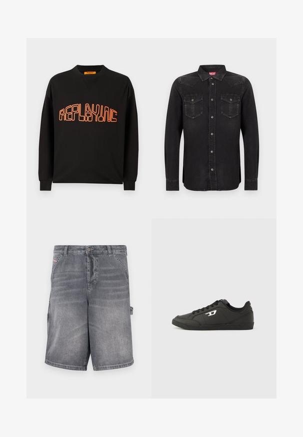 Sort sweatshirt lavet af bomuld med v-hals og lange ærmer. "REPLAYING" er trykt i orange med rundet udgave.; Sort denim langærmet skjorte med trykknapper, spids krave og to forlommer. Har en let glans og kontrastsyning.; Grå denimshorts med lige snit, fem lommer og syet detaljer. Har knaplukning og en sideløkke til justering.; Sorte syntetiske sneakers med en struktureret sort sål, rund tå og flade sorte snørebånd. Fremtrædende hvidt logo på ydersiden.