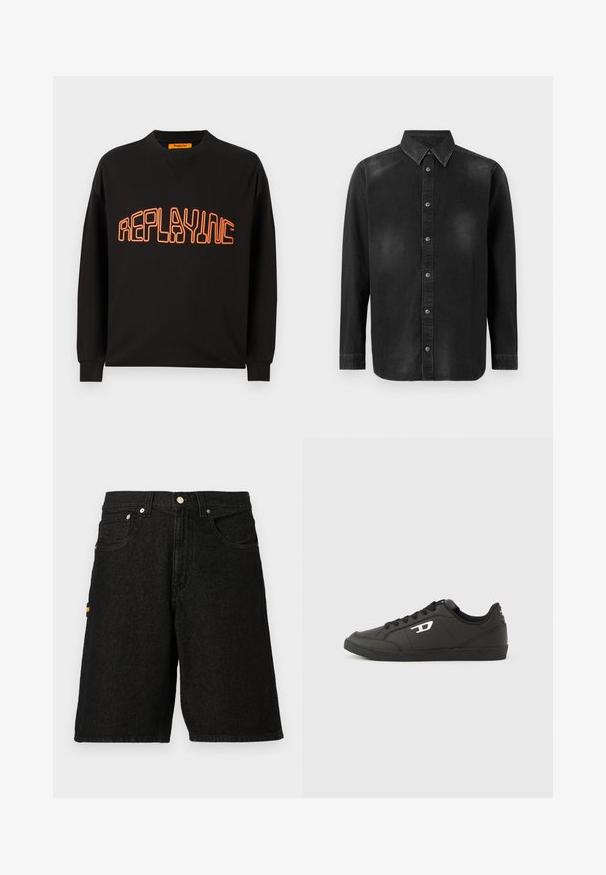 Zwarte sweatshirt van katoen met een v-hals en lange mouwen. "REPLAYING" is in het oranje gedrukt, omrand in een afgeronde stijl.; Zwarte denim blouse met een button-down kraag, lange mouwen en een drukknoopsluiting aan de voorkant. Heeft subtiele vervaging en een getailleerde pasvorm.; Zwarte denim shorts met een klassieke vijf-pocket ontwerp, zilveren hardware en een subtiele oranje accent op de zijzak.; Zwarte sneakers van synthetisch materiaal met een geribbelde zwarte zool, ronde neus en vlakke zwarte veters. Opvallend wit logomerk aan de buitenzijde.