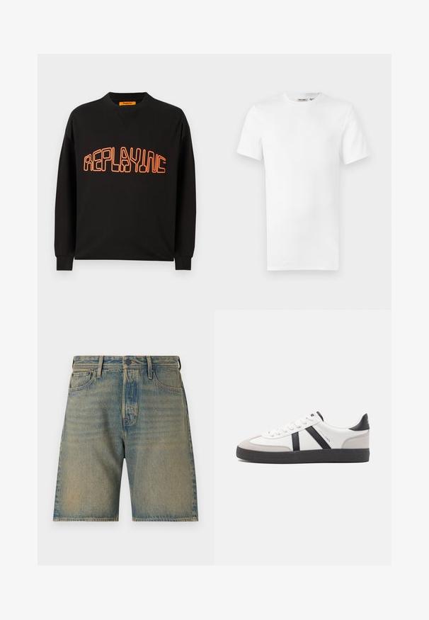 Sort sweatshirt lavet af bomuld med v-hals og lange ærmer. "REPLAYING" er trykt i orange med rundet udgave.; Hvid, kortærmet T-shirt med rund hals og et lille brandlabel inde i kraven, vist på en hvid baggrund.; Lysblå denimshorts med en falmet vask. Indeholder fem lommer, lynlås, knaplukning og kraftige sømme langs kanterne.; Hvide sneakers med sorte og grå detaljer, med en tekstureret grå tåhætte, sort gummisål og flade hvide snørebånd. Rent design, minimalistisk stil.