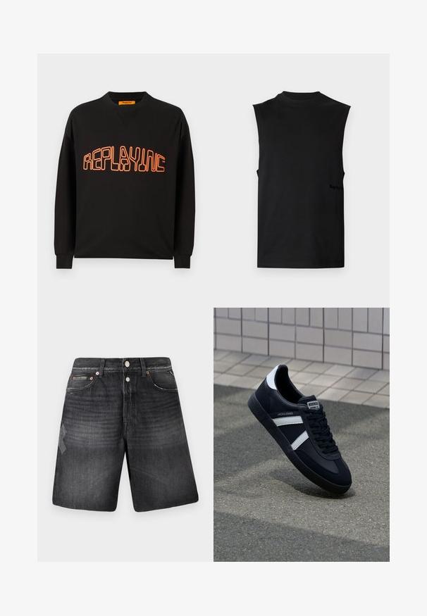 Sort sweatshirt lavet af bomuld med v-hals og lange ærmer. "REPLAYING" er trykt i orange med rundet udgave.; Sort ærmeløs muskel tanktop med høj rund halsudskæring, lige kant og subtilt logo i den nederste side.; Sorte denim shorts med en falmet finish, der har fem lommer, kobberfarvet hardware og et lige ben-design.; Sort lædersneaker med hvide striber, tekstureret gummisål og snørrebånd foran. Har et brandet mærke på tungen.