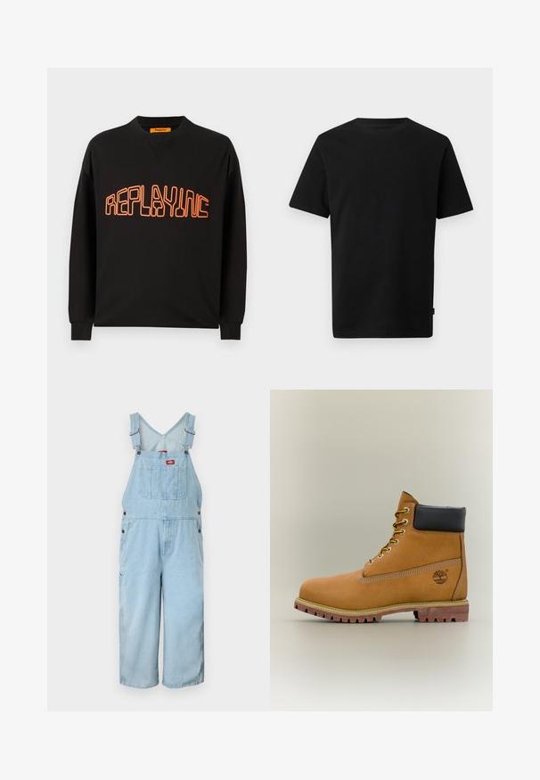 Schwarzer Sweatshirt aus Baumwolle mit V-Ausschnitt und langen Ärmeln. "REPLAYING" ist in Orange aufgedruckt, umrissen in einer abgerundeten Schriftart.; Schwarzes T-Shirt mit kurzen Ärmeln und Rundhalsausschnitt, mit kleinem, dezentem Logo auf der oberen linken Brust und einem kleinen Etikett an der Seitennaht.; Hellblaue Jeans-Latzhose mit verstellbaren Trägern, Brusttasche vorne mit Logo-Patch und weitem Bein.; Brauner Leder-Stiefelette mit schwarzem Kragen, gelben Schnürsenkeln und hellbrauner Sohle. Verfügt über ein Logo und weiße Ziernähe. Robuste Profilsohle.