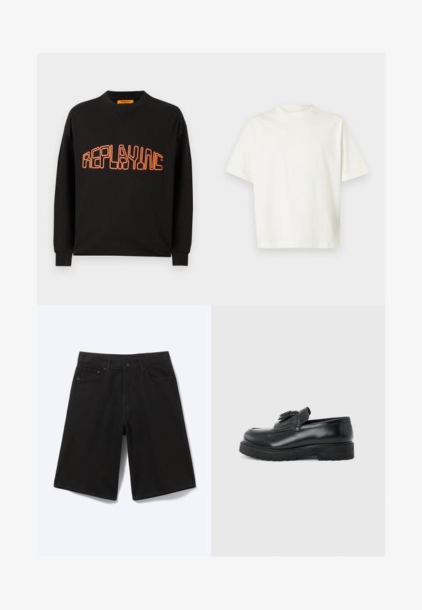 Zwarte sweatshirt van katoen met een v-hals en lange mouwen. "REPLAYING" is in het oranje gedrukt, omrand in een afgeronde stijl.; T-shirt met korte mouwen, effen wit, losvallend model en een ronde hals, getoond op een lichtgrijze achtergrond.; Zwarte denim short tot op de knie met voorste knoop, riemlussen en vijf zakken, afgebeeld tegen een witte achtergrond.; Zwarte leren loafer met kwastjes, dikke rubberen zool en lage hak, zijaanzicht op een effen achtergrond.