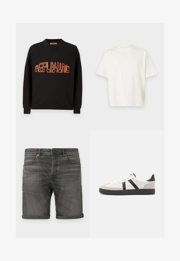 Sweatshirt noir en coton avec un col en V et des manches longues. "REPLAYING" est imprimé en orange, avec un contour arrondi.; T-shirt blanc uni à manches courtes, coupe ample et col rond, présenté sur un fond gris clair.; Shorts en denim gris foncé avec un ourlet roulé, design à cinq poches, tissu résistant et détails de couture minimalistes.; Baskets blanches avec des accents noirs et gris, présentant un embout texturé gris, une semelle en caoutchouc noir et des lacets plats blancs. Design épuré, style minimaliste.