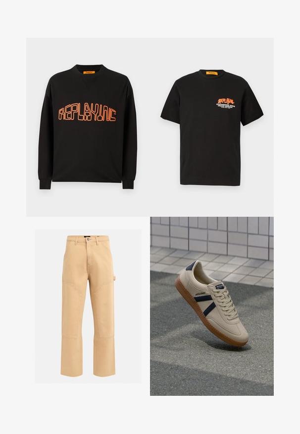 Schwarzer Sweatshirt aus Baumwolle mit V-Ausschnitt und langen Ärmeln. "REPLAYING" ist in Orange aufgedruckt, umrissen in einer abgerundeten Schriftart.; Schwarzes Baumwoll-T-Shirt mit kurzen Ärmeln, auf der Vorderseite mit einem orangen und weißen grafischen Textdesign. Rundhalsausschnitt, lockere Passform.; Beige Cargo-Hosen mit hoher Taille, weitem Bein und sichtbaren Nähten. Sie verfügen über große Seitentaschen und eine Gürtelschlaufe an der rechten Hüfte.; Beige Sneaker mit strukturierter Oberfläche, dunkelblauen Streifen und Gummisohle. Verfügt über eine gepolsterte Zunge und ein traditionelles Schnürsystem für einen sicheren Sitz.