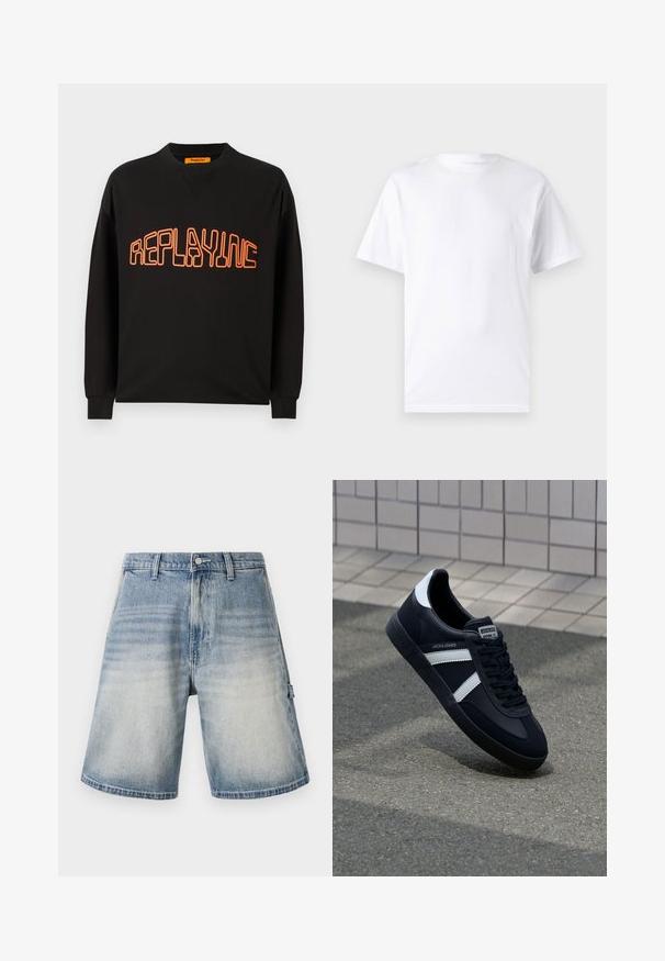 Sweatshirt noir en coton avec un col en V et des manches longues. "REPLAYING" est imprimé en orange, avec un contour arrondi.; T-shirt blanc à manches courtes en coton avec un col rond, présentant une texture lisse et un design simple, sans motifs ni accents.; Shorts en denim de couleur bleue délavée, coupe ample et droite. Comprend cinq poches et des passants de ceinture avec un motif légèrement usé.; Sneaker en cuir noir avec des rayures blanches, semelle en caoutchouc texturée et devant à lacets. Présente une étiquette de marque sur la languette.