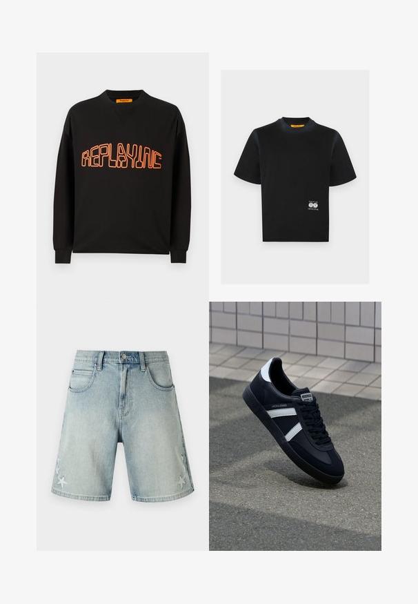 Schwarzer Sweatshirt aus Baumwolle mit V-Ausschnitt und langen Ärmeln. "REPLAYING" ist in Orange aufgedruckt, umrissen in einer abgerundeten Schriftart.; Schwarzes T-Shirt mit kurzen Ärmeln und Rundhalsausschnitt mit kleinem weißem Zahnrad-Logo und dem Schriftzug „Replay Inc.“ nahe dem unteren rechten Saum.; Hellblaue Denim-Shorts mit Fronttaschen, Gürtelschlaufen, Knopfverschluss und weißer Sternstickerei an beiden unteren Beinen.; Schwarze Leder-Sneaker mit weißen Streifen, strukturiertem Gummisohle und Schnürung. Verfügt über ein Markenetikett auf der Zunge.