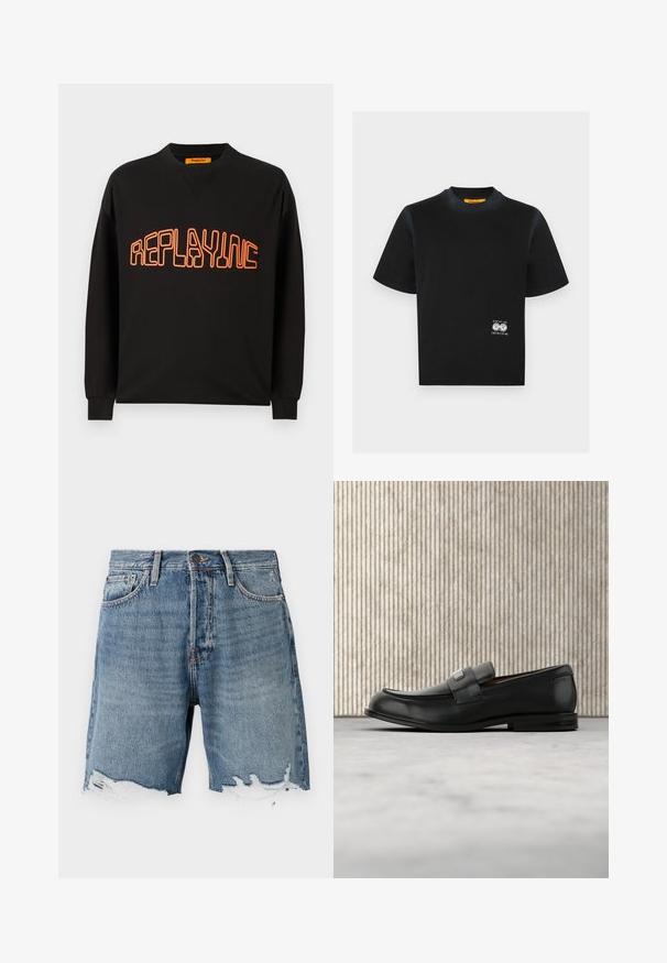 Sort sweatshirt lavet af bomuld med v-hals og lange ærmer. "REPLAYING" er trykt i orange med rundet udgave.; Sort kortærmet t-shirt med rund halsudskæring, med lille hvidt tandhjulsgrafik og teksten "Replay Inc." nær nederste højre kant.; Lys blå denimshorts med en slidt kant, fem-lomme design og synlig syning. Har en knaplukning i taljen.; Sort læderloafer med metalbrandskilt hvilende nær et brunt rundt bord på beige tæppe.