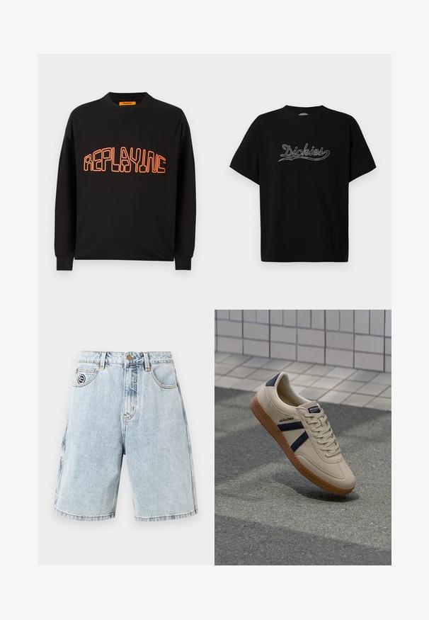 Sort sweatshirt lavet af bomuld med v-hals og lange ærmer. "REPLAYING" er trykt i orange med rundet udgave.; Sort kortærmet T-shirt med "Dickies"-logo trykt i kursiv tværs over brystet på en ensfarvet hvid baggrund.; Lyseblå denimshorts til knæet med knap foran, lynlåslukning, bæltestropper og femlomme-design.; Beige sneaker med struktureret overflade, marineblå striber og gummisål. Har en polstret tunge og traditionelt snørresystem for en sikker pasform.