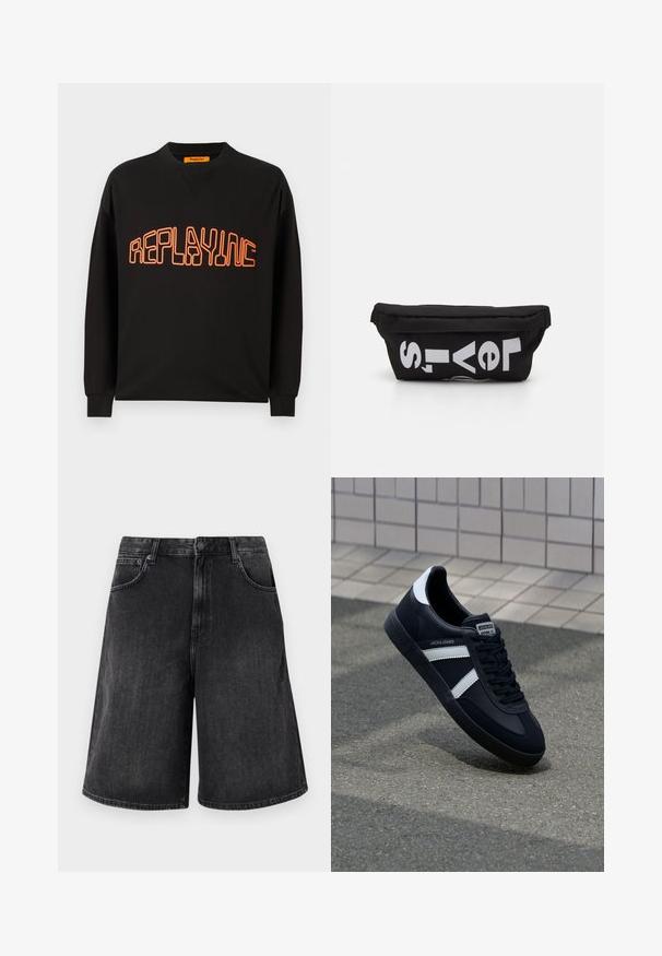 Schwarzer Sweatshirt aus Baumwolle mit V-Ausschnitt und langen Ärmeln. "REPLAYING" ist in Orange aufgedruckt, umrissen in einer abgerundeten Schriftart.; Schwarze Jeans-Shorts mit einem weit geschnittenen, geraden Schnitt, mit einem Frontknopfverschluss und fünf Taschen. Weiche Textur mit einem verwehten Finish.; Schwarze Leder-Sneaker mit weißen Streifen, strukturiertem Gummisohle und Schnürung. Verfügt über ein Markenetikett auf der Zunge.; Schwarze Stofftasche mit flacher Form, mit fettgedrucktem weißen Text. Der Reißverschluss befindet sich oben, mit einer Schlaufe an einer Seite.