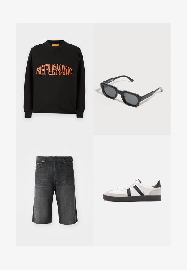 Sort sweatshirt lavet af bomuld med v-hals og lange ærmer. "REPLAYING" er trykt i orange med rundet udgave.; Denim shorts i mørkegrå med lige pasform, fem lommer og orange syninger på fronten. Renset afslutning ved benslidsene.; Hvide sneakers med sorte og grå detaljer, med en tekstureret grå tåhætte, sort gummisål og flade hvide snørebånd. Rent design, minimalistisk stil.; Sorte rektangulære solbriller med tykke stel og mørke, tonede linser, vinklet på en hvid baggrund.