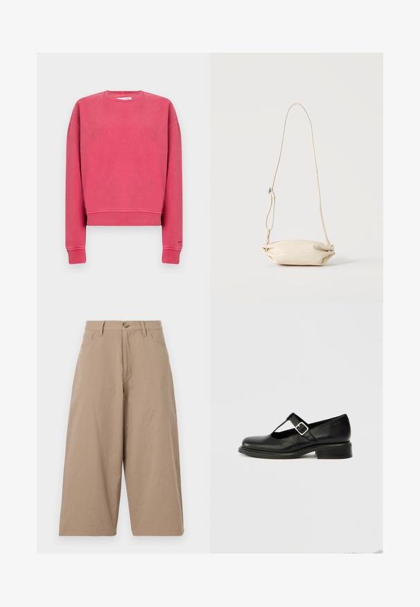 Sweat-shirt rose vif à col ras du cou avec manches longues et poignets et taille côtelés, présenté à plat sur un fond uni.; Pantalons larges kaki en coton, dotés d'une taille haute, de poches frontales et d'une fermeture à bouton unique. Texture lisse et coupe droite.; Chaussure Mary Jane en cuir noir avec un bout rond, un design à bride en T, une boucle réglable et un petit talon empilé. Texture lisse avec peu de détails.; Petit sac bandoulière en cuir beige avec sangle ajustable, présenté sur un fond clair uni.