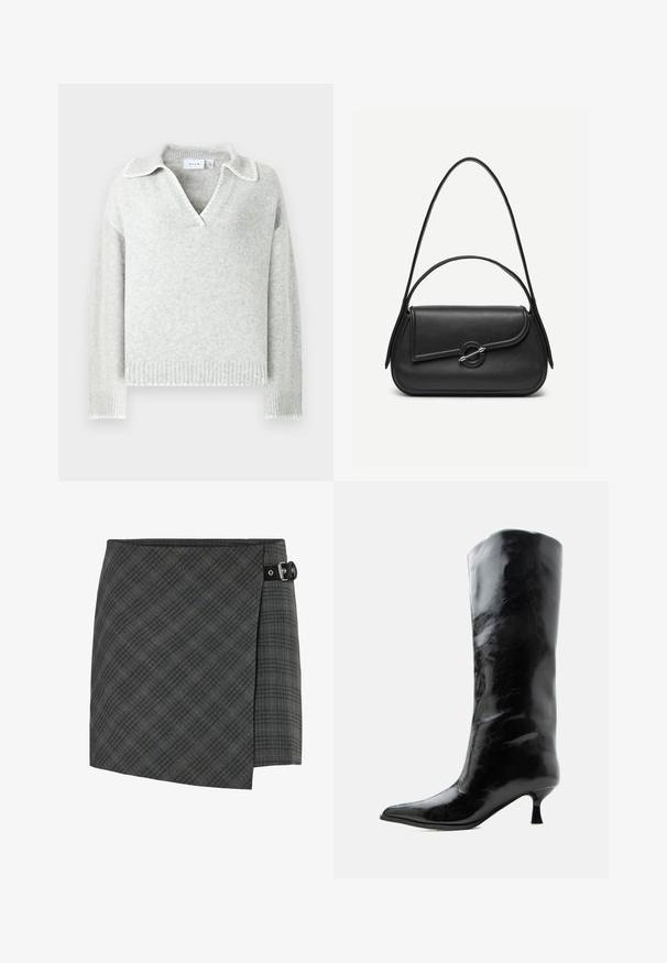 Pull en maille gris clair avec un col en V et un col, présentant des poignets et un ourlet côtelés, ainsi que des détails à bords festonnés.; Jupe en laine à carreaux gris foncé avec un détail de boucle noire sur le côté droit, ourlet droit et un motif subtil de lignes diagonales.; Botte en cuir noire brillante, haute jusqu'au genou, avec bout pointu et talon bas courbé sur un fond clair uni.; Sac à main en cuir noir avec bords arrondis, rabat asymétrique, fermoir circulaire en métal, et des bandoulières courtes et longues.