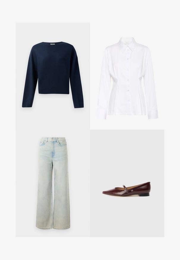 Marineblå, langærmet cropped sweater med rund hals, præsenteret mod en hvid baggrund.; Hvid langærmet skjorte med knapper, spidst krave, figursyet talje og synligt mærke "Gestuz" inde i kraven.; Lyseblå jeans med høj talje og vide ben, med forreste knap- og lynlåslukning, bæltestropper og fem-lommer design.; Burgundyrød patenteret lædersko med spids tå og en dekorativ rem over vristen. Har en lav sort hæl.