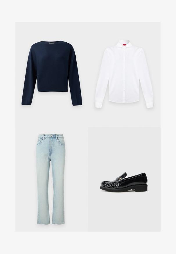 Marineblå, langærmet cropped sweater med rund hals, præsenteret mod en hvid baggrund.; Hvid langærmet skjorte med knapper, afrundet krave, knaplukning foran og manchetter, vist på en ensfarvet baggrund.; Lyseblå jeans med høj talje og lige ben, med forreste knap, bæltestropper og klassisk femlomme design mod en ensfarvet baggrund.; Sorte patentlæderloafer med en dekorativ rynket kant, flad gummisål og en lille metallogoaccent på remmen.