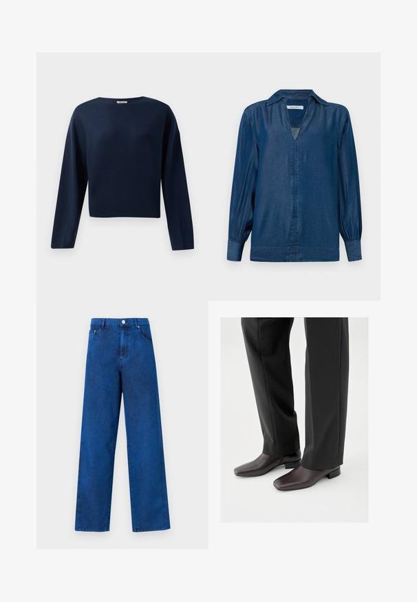Suéter recortado de manga larga azul marino con un escote redondo, mostrado contra un fondo blanco.; Camisa de mezclilla de color azul oscuro, con mangas largas tipo globo, cuello y un escote en V sin botones en la parte delantera. Textura suave y lisa.; Pantalones de mezclilla anchos de tiro alto en azul, con detalles de costura, bolsillos frontales y cierre de botón metálico.; Zapatos de cuero marrón oscuro con punta cuadrada y tacón bloque corto, usados con pantalones negros a medida, mostrando una apariencia elegante y pulida.