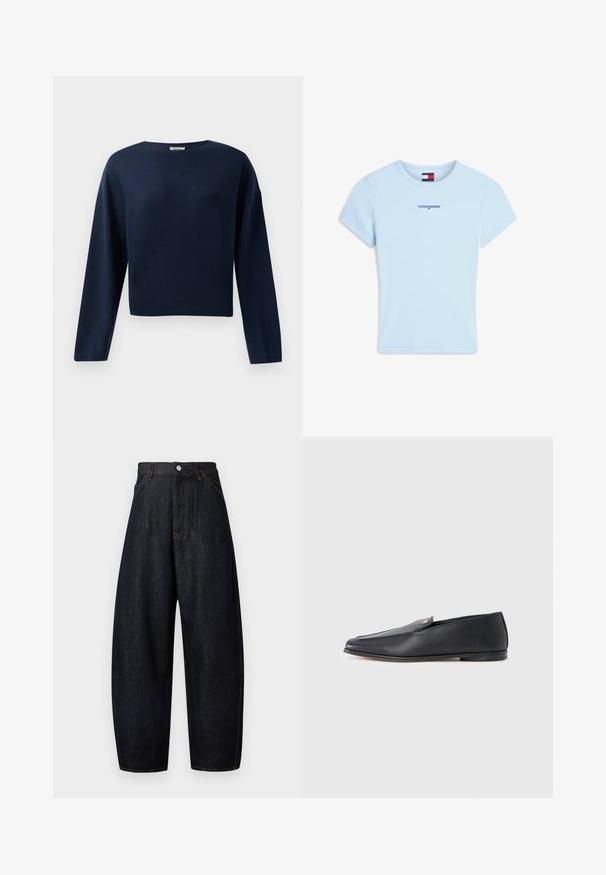 Marineblå, langærmet cropped sweater med rund hals, præsenteret mod en hvid baggrund.; Lyseblå ribbet kortærmet t-shirt med teksten "tommy jeans" broderet i mørkeblå på brystet og et mærketags i halskanten.; Mørke denimbukser med løs pasform, høj talje og kontrasterende orange syninger. Har lukning med knapper foran og sidelommer.; Sorte læderloafers med en glat tekstur, rundet tå og subtile syningsdetaljer. Har en guldfarvet logoaccent på oversiden.