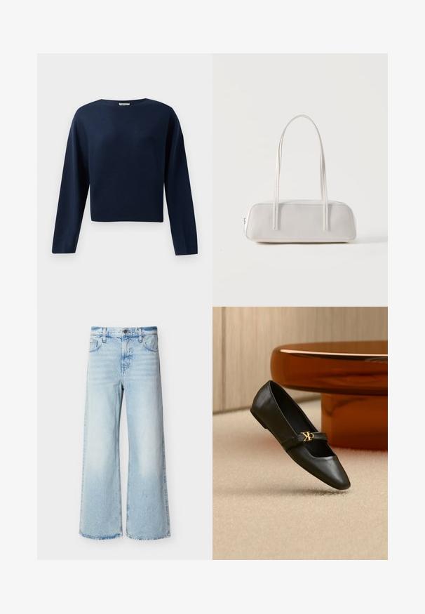 Pull cropped à manches longues bleu marine avec un col rond, présenté sur fond blanc.; Jean taille haute bleu clair à jambes larges avec poches avant, passants de ceinture et fermeture par bouton.; Chaussure plate en cuir noir avec bout pointu et logo CK doré sur la bride, posée sur un tapis beige près d'une table ronde couleur ambre brun.; Sac d'épaule rectangulaire blanc avec des bretelles longues et fines, couture minimale, et fermeture éclair sur un fond uni.