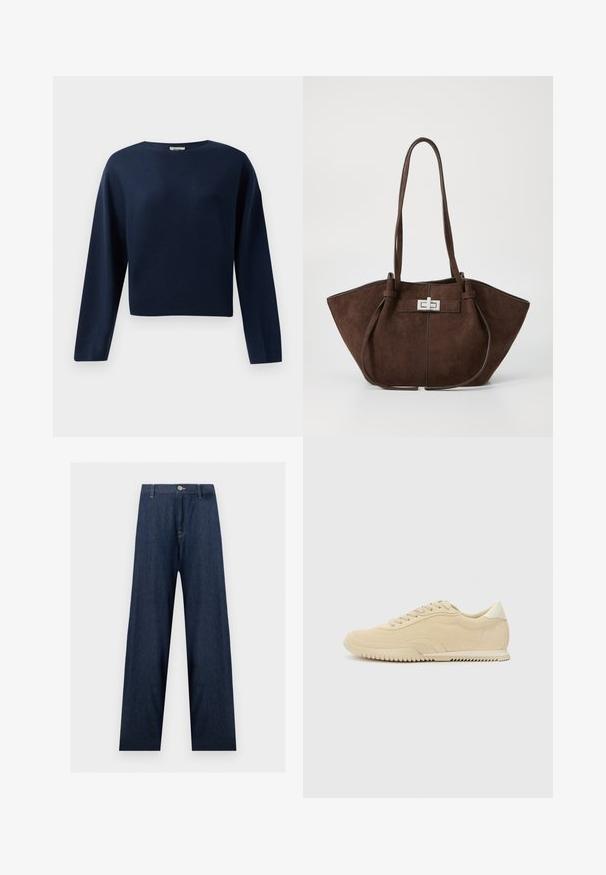 Marineblå, langærmet cropped sweater med rund hals, præsenteret mod en hvid baggrund.; Mørkeblå vidde cowboybukser med knap- og lynlåslukning, bæltestropper og synlige syninger på lommer og sømme.; Beige ruskinds sneakers med snørebånd, struktureret overflade, kontrasterende gummisål og en let hæl. Minimalistisk stil med diskret branding.; Brun ruskinds tote taske med en struktureret form, der har en sølvmetal lukning og to skulderremme. Glat tekstur med accentstikninger.