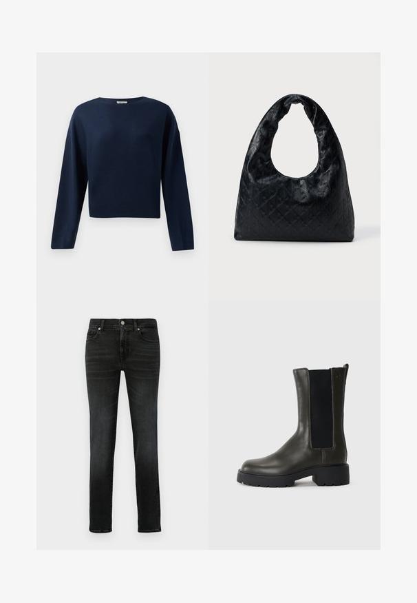 Marineblå, langærmet cropped sweater med rund hals, præsenteret mod en hvid baggrund.; Sorte denimjeans med tætsiddende pasform, femlomme-stil, knaplukning og diskret falming. Lige ben med ensartet tekstur hele vejen igennem.; Grøn læder ankelstøvle med elastiske sidepaneler, rund tå og gummisål. Har en struktureret overflade og en blokhæl.; Sort læder håndtaske med en struktureret, rund form, der har et stort halvmåneudskåret håndtag og et struktureret diamantmønster.