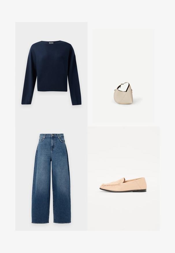 Marineblå, langærmet cropped sweater med rund hals, præsenteret mod en hvid baggrund.; Bredde ben jeans lavet af mørkeblå denim. Har høj talje, fem lommer og lukning med knap foroven. Let slidt tekstur i hele stoffet.; Beige læder loafers med syet detaljer, en flad sort sål og en rund tå. Minimalistisk design uden fremtrædende hardware eller accenter.; Beige læder håndtaske i halvmåneform med en enkelt skulderrem og minimal syning, sat mod en ensartet hvid baggrund.