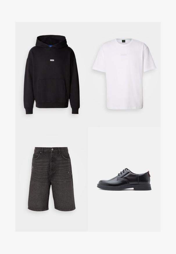 Zwarte hoodie van zachte stof, met een voorkant kangaroo zak en een klein wit "HUGO" logo op de borst.; Witte katoenen T-shirt met korte mouwen, ronde halslijn en reliëf 'BOSS' logo op de borst. Veilig textuur, standaard pasvorm.; Zwarte denimshorts met een ontspannen pasvorm, voorzien van frontzakken, een verouderde textuur en een klassieke tailleband met een enkele knoopsluiting.; Zwarte leren veter schoenen met een gladde textuur, ronde neus en subtiel stiksel detail. Voorzien van een rode trekband op de hiel.