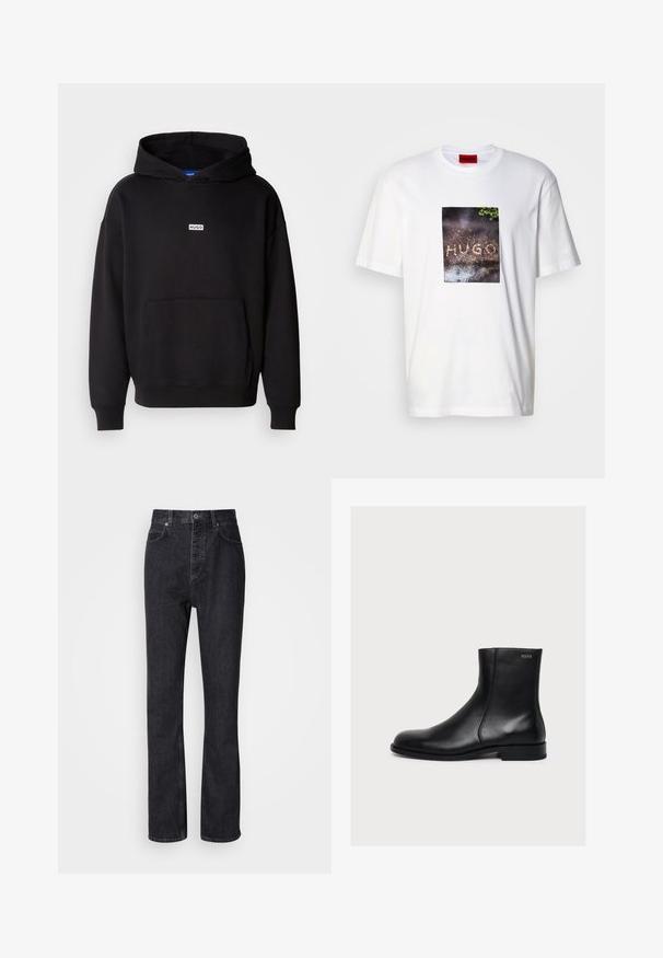 Zwarte hoodie van zachte stof, met een voorkant kangaroo zak en een klein wit "HUGO" logo op de borst.; Wit katoenen T-shirt met een rechthoekige grafische print met de tekst "HUGO" op een getextureerd, donker oppervlak, omringd door groen.; Hoge taille zwarte denim jeans met een knoop- en ritssluiting, voor- en achterzakken en een rechte pasvorm.; Zwarte gladde lederen enkellaars met lage hak en zijrits, gelabeld Hugo vlak bij de bovenrand.