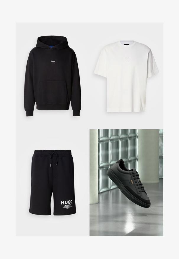 Zwarte hoodie van zachte stof, met een voorkant kangaroo zak en een klein wit "HUGO" logo op de borst.; Witte katoenen t-shirt met een ronde hals, korte mouwen en een reliëf ronder logo op de linkerborst. Gladde textuur en reguliere pasvorm.; Zwarte katoenen shorts met een elastische tailleband en koord. Witte "HUGO" logo op het linkerpijp. Eenvoudig ontwerp, knielange snit.; Zwarte leren lage sneaker met zwarte veters en gouden "BOSS"-logo, zwevend in de lucht tegen een glasblokmuur en grijze vloer.