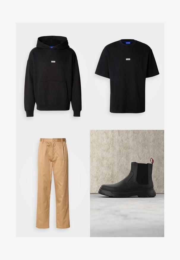 Sort hættetrøje lavet af blødt materiale, med en front kangaroo lomme og et lille hvidt "HUGO" logo på brystet.; Sort bomulds t-shirt med rund hals, korte ærmer og et hvidt rektangulært "HUGO" logo på brystet. Glat overflade, afslappet pasform.; Khaki bukser, blanding af bomuld, lige ben-design, frontfald, bæltesløjfer og knaplukning. Glat tekstur uden mønstre.; Sort ankelstøvle med en glat overflade, elastiske sidepaneler og en kontrasterende rød træksløjfe, der har en tyk gummisål og rund tå.