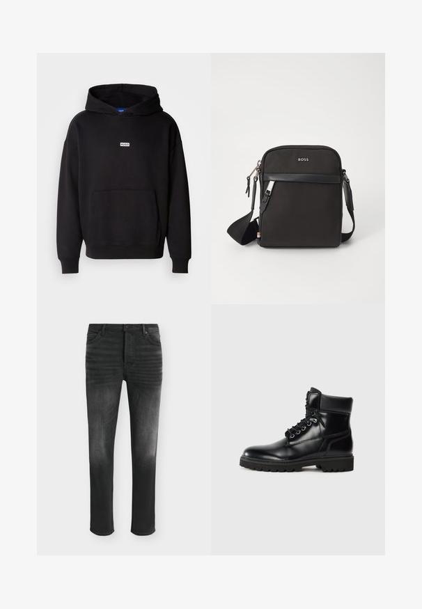 Zwarte hoodie van zachte stof, met een voorkant kangaroo zak en een klein wit "HUGO" logo op de borst.; Zwarte skinny-fit jeans met vervaagde details, vijfzakkenstijl en knoopsluiting in de taille.; Zwarte leren enkellaars met een glanzende afwerking, vetersluiting, gevoerde kraag en een robuuste rubberen zool met grip.; Zwarte schoudertas van textuurstof, met logo aan de voorkant, ritssluiting en verstelbare schouderband. Voorzien van een gladde leren rand.