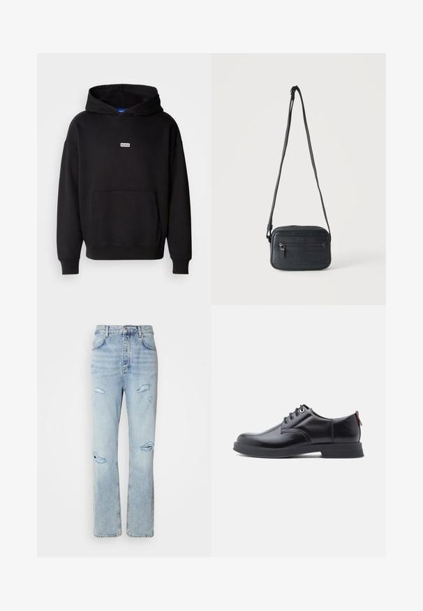 Sort hættetrøje lavet af blødt materiale, med en front kangaroo lomme og et lille hvidt "HUGO" logo på brystet.; Lysvaskede denimjeans med en afslappet pasform, der har slidte områder og frynsede kanter. Stoffet har en blød, glat tekstur.; Sorte snørestøvler i læder med glat tekstur, rundet tå og diskrete syningsdetaljer. Har en rød trækflig på hælen.; Sort crossbody taske med en frontlynlåslomme, tekstureret overflade og justerbar strop, der hænger mod en ensartet lys baggrund.