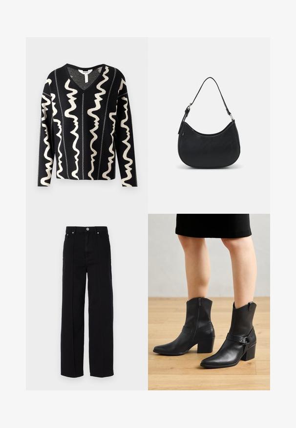 Object RAY - Pullover - black; Pantalons larges en denim noir à taille haute, comportant cinq poches, une fermeture à bouton en métal et des coutures droites le long des côtés.; Bottines en cuir noir avec un bout pointu, fermeture éclair, talon courbé et une sangle décorative avec des accents en métal.; Sac hobo noir en cuir lisse avec une silhouette arrondie, doté d'une seule sangle ajustable et de détails de design minimalistes.