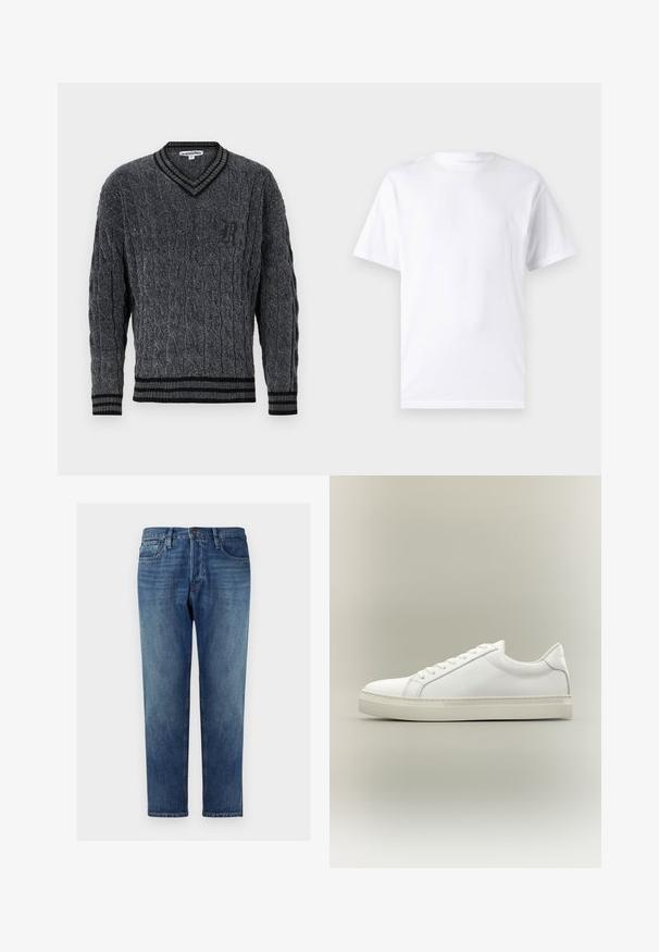 Grå strikket sweater med flettemønster. V-hals design, sort ribbede kanter ved krave og nederkant. Har et lille sort logo på brystet.; Hvid kortærmet t-shirt lavet af bomuld med rund hals, der har en glat tekstur og et simpelt design uden mønstre eller accenter.; Blå denim jeans med lige ben, femlommesdesign, knaplukning, bleg vask og diskrete stikninger langs sømmene.; Hvid lavtop sneaker med snørebånd foran og tyk sål, vist fra siden mod en neutral baggrund.