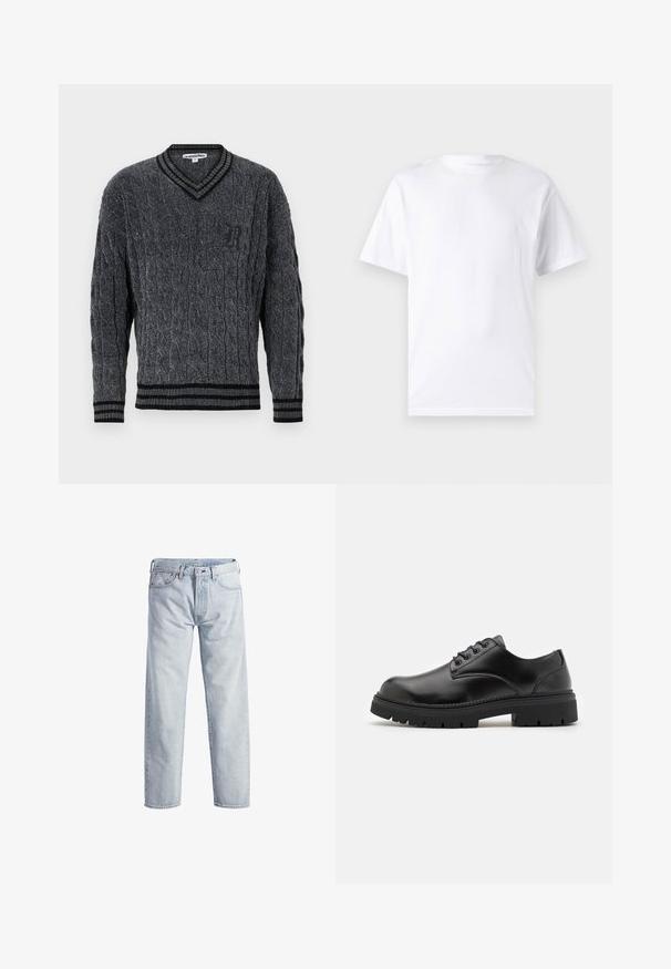 Grå strikket sweater med flettemønster. V-hals design, sort ribbede kanter ved krave og nederkant. Har et lille sort logo på brystet.; Hvid kortærmet t-shirt lavet af bomuld med rund hals, der har en glat tekstur og et simpelt design uden mønstre eller accenter.; Lys blå denim jeans med lige ben, knaplukning, fem lommer og subtilt falmet tekstur. Har metal hardware detaljer.; Sorte lædersko med rund tå, snørelukning og en tykk, struktureret gummisål. Har syninger langs kanten og en glat overflade.