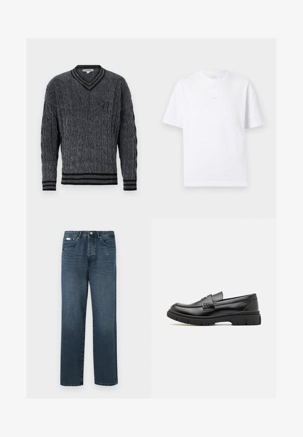 Grå strikket sweater med flettemønster. V-hals design, sort ribbede kanter ved krave og nederkant. Har et lille sort logo på brystet.; Flad hvid T-shirt med korte ærmer og rund hals, med et diskret lille logo centreret på brystet, vist på en hvid baggrund.; Mørkeblå denimbukser med lige pasform, fem lommer, bæltestropper og lynlås. Glat tekstur med subtile blegede detaljer.; Sort læder loafersko med en bred rem over forfoden, gummisål med tykke mønstre og glat overflade. Klassisk, slankt design.