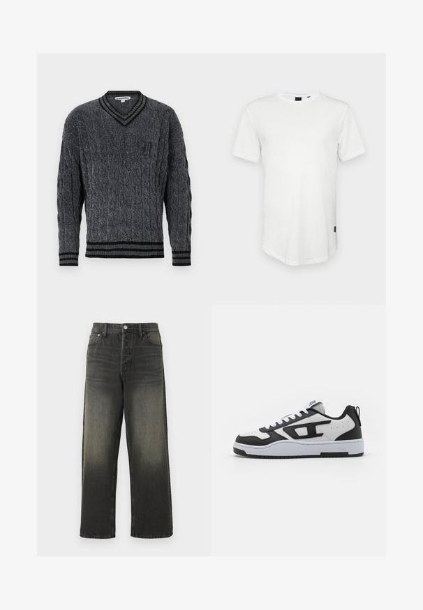 Grå strikket sweater med flettemønster. V-hals design, sort ribbede kanter ved krave og nederkant. Har et lille sort logo på brystet.; Hvid kortærmet t-shirt lavet af bomuld, med rund halsudskæring og en let forlænget ryg, samt en lille logoaccent på siden.; Sorte denim jeans med afslappet pasform, med høj talje, sølv hardware og en falmet tekstur med subtile folder. Lige ben uden udsmykning.; Hvide og sorte sneakers med en tekstureret læderoverdel, polstret krave, rund tå og kontrasterende gummisål. Inkluderer hvide snørebånd og logo-detalje.