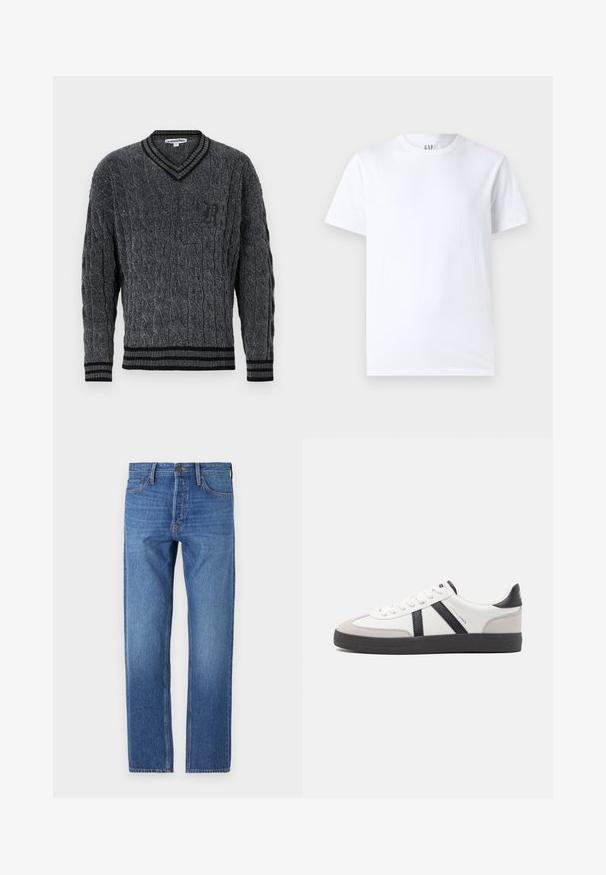 Grå strikket sweater med flettemønster. V-hals design, sort ribbede kanter ved krave og nederkant. Har et lille sort logo på brystet.; Hvid bomulds t-shirt med rund halsudskæring og korte ærmer. Enkel design uden mønstre eller grafik, med GAP branding på kraven.; Blå denim jeans med lige ben, klassisk fem-lomme design, kobbersting og en falmet vask for et slidte look.; Hvide sneakers med sorte og grå detaljer, med en tekstureret grå tåhætte, sort gummisål og flade hvide snørebånd. Rent design, minimalistisk stil.
