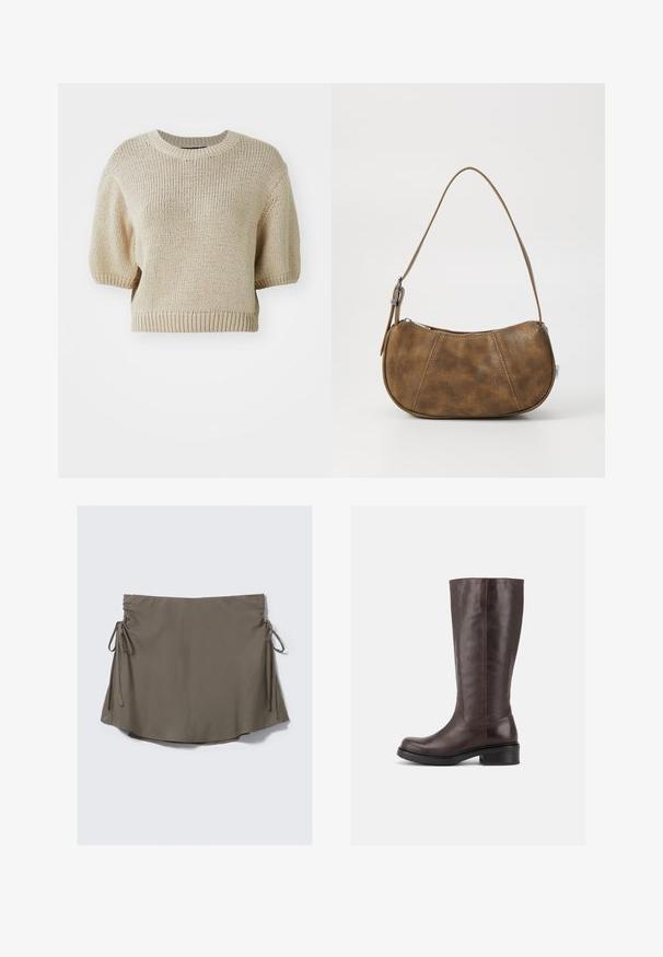 Beige strikket kortærmet sweater med rund hals. Har en struktureret pasform med tekstureret, løst væv og ribbede kanter.; Khaki slå-om-nederdel med sidelommer, lavet af glat stof. Har buet kant med samling ved taljen for justerbar pasform.; Høj mørkebrun læderstøvle med lav blokhæl og rundet tå, vist fra siden på en ensfarvet hvid baggrund.; Brun faux læder skuldertaske med en buet form, en enkelt strop, kontrasterende syninger og en lynlåslukning langs den øverste kant.