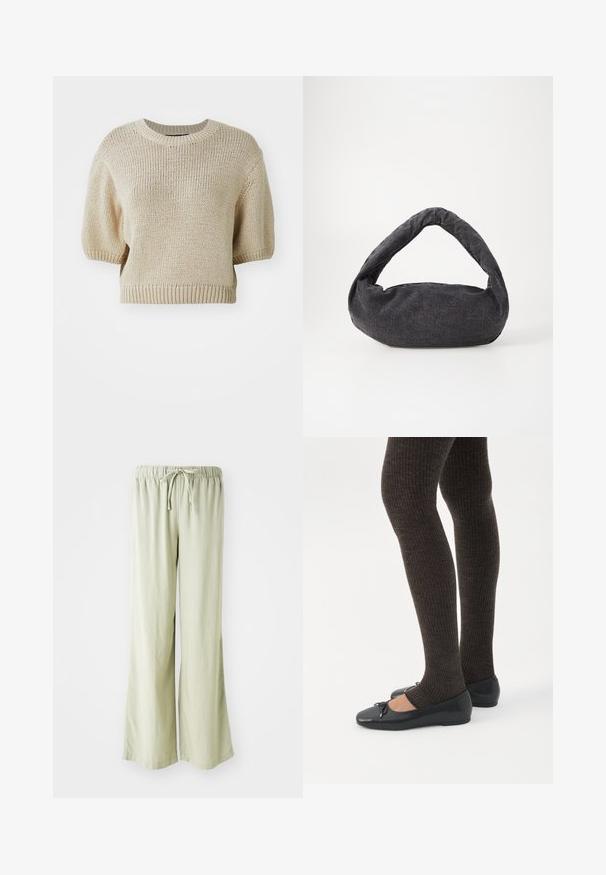 Beige strikket kortærmet sweater med rund hals. Har en struktureret pasform med tekstureret, løst væv og ribbede kanter.; Lys grønne bredbenede bukser med elastisk talje og snøre. Lavet af et blødt, tekstureret stof; kantede kanter uden synlige mønstre.; Ben iført mørke ribbede leggings kombineret med sorte balletsko med små sløjfedetaljer på hvid baggrund.; Mørkegrå stofpose med et buet håndtag, blød tekstur og rund form. Ingen synligt hardware eller pynt.