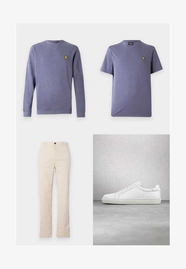 Lilla sweatshirt med rund hals lavet af blødt stof, med ribstrikkede manchetter og kant, og et lille broderet gult logo på brystet.; Lilla bomuld T-shirt med rund hals, korte ærmer og et lille gult broderet logo på brystet. Glat tekstur.; Lyse beige bomuldsbukser med lige ben-design, der har en frontknaplukning, lynlåslukning og minimale syninger.; Hvide sneakers med en glat læderoverdel og lav profil. Har en rund tå, seks snørehuller og en tekstureret gummisål.