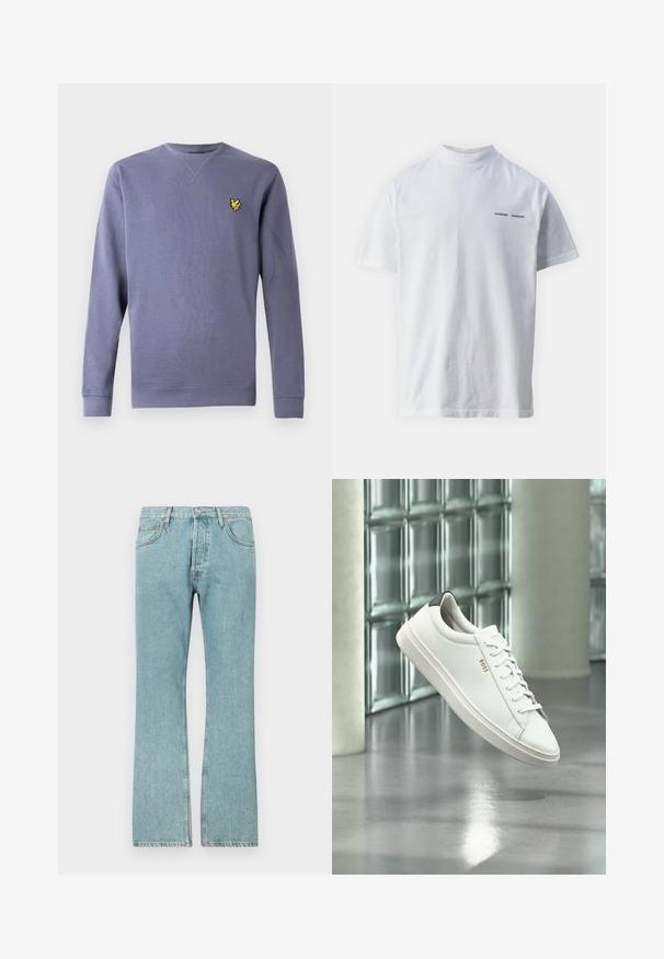 Lilla sweatshirt med rund hals lavet af blødt stof, med ribstrikkede manchetter og kant, og et lille broderet gult logo på brystet.; Hvid bomulds t-shirt med høj halsudskæring og korte ærmer. Har "SAMSØE SAMSØE" logo i sort på forsiden. Glat tekstur.; Lysblå denimjeans med lige ben-design, der har fem lommer og en knaplukning. Synlige sømme og frynsedetaljer i kanten.; Hvid læder lav-top sneaker med snørebånd, sort hælflig og "BOSS"-logo, svævende indendørs nær glasblok væg og poleret gulv.
