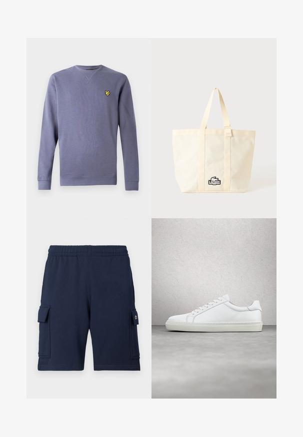 Lilla sweatshirt med rund hals lavet af blødt stof, med ribstrikkede manchetter og kant, og et lille broderet gult logo på brystet.; Marineblå cargoshorts lavet af blødt stof, med elastisk taljebånd, to sidelommer og et lille logo på venstre lomme.; Hvide sneakers med en glat læderoverdel og lav profil. Har en rund tå, seks snørehuller og en tekstureret gummisål.; Beige Lacoste tote taske med to håndtag og en sort-hvid krokodille logo lap foran i midten.