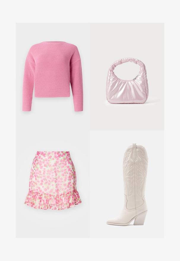 Pull en tricot rose avec un design court, des manches longues et une texture côtelée. Encolure ronde simple sans fermetures visibles.; Mini-jupe rose floral avec un ourlet volanté, fabriquée en tissu léger et transparent avec un motif de roses et de feuilles vertes.; Bottine de cowboy en cuir blanc avec un bout pointu et un talon bloc. Présente des motifs de broderie complexes sur la tige et une texture lisse.; Sac à main rose rembourré avec un design arrondi, fabriqué à partir d'un matériau brillant. Dispose d'une poignée froncée et d'une fermeture éclair pour un accès sécurisé.