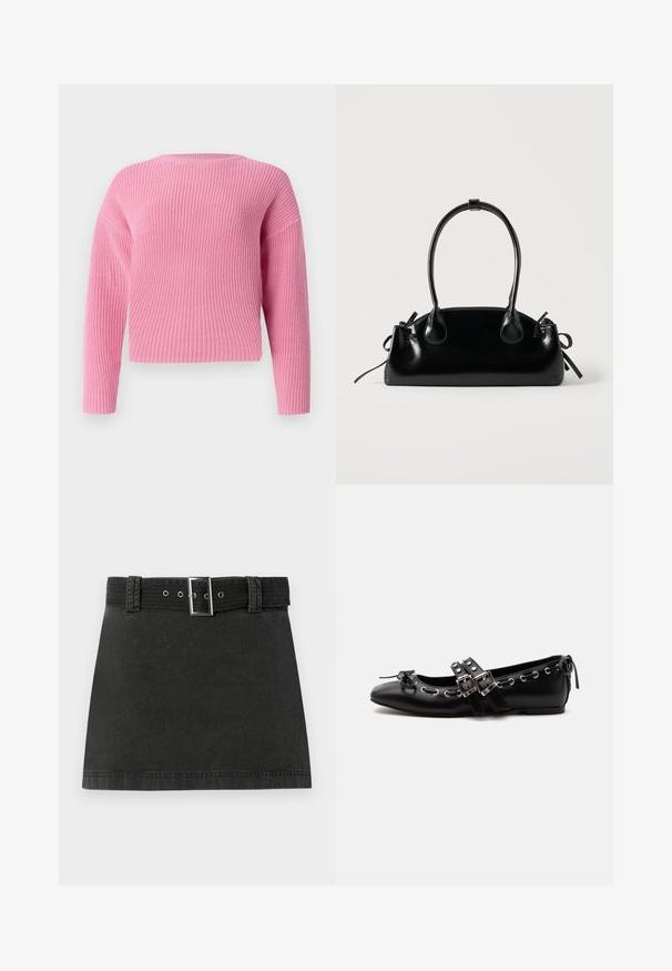 Pull en tricot rose avec un design court, des manches longues et une texture côtelée. Encolure ronde simple sans fermetures visibles.; Jupe mini en denim noir avec une ceinture assortie présentant une boucle métallique et des passants de ceinture, affichée à plat sur un fond blanc.; Chaussure de ballet plate noire avec doubles brides à boucle, œillets argentés et petit nœud près de l’orteil arrondi sur fond blanc.; Petit sac à main noir brillant avec deux longues anses et des détails à cordon sur les côtés sur un fond clair uni.